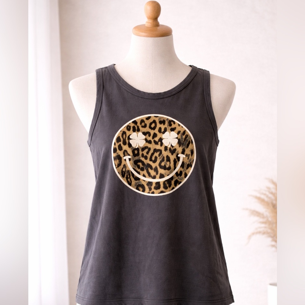 Gray Tank Top with Leopard Smiley Face